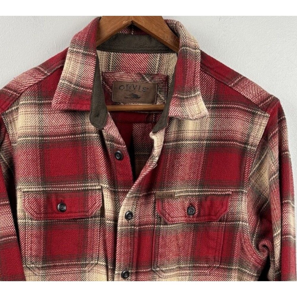 Orvis Men’s Medium Shacket Long Sleeve Shirt Red Beige Pocket Button Up Heavy